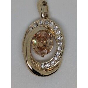 Womens Gold-Plated Oval Pendant with Champagne Center Stone & CZ Halo